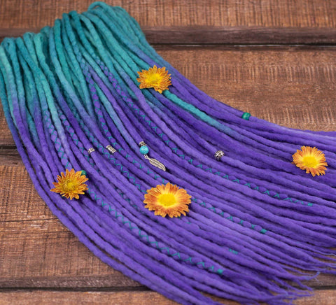 ombre hand-dyed dreadlock extensions purple and turquoise