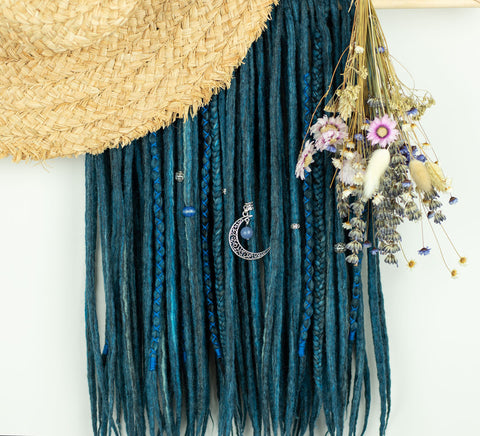 Blue butterfly wool dreadlock extensions