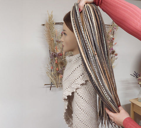 Earth brown and beige wool dreadlock extensions - full set (60 DE)