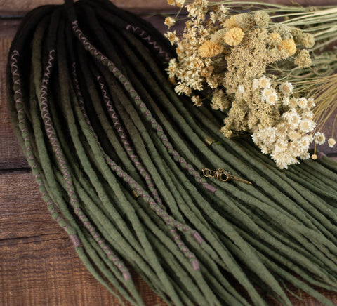Moss ombre wool dreads with dark brown roots