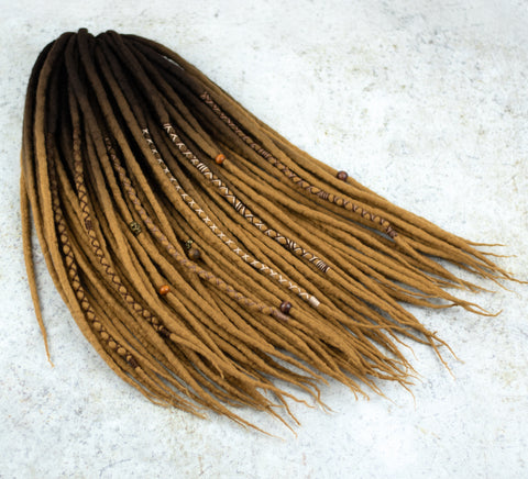 Old gold ombre wool dreadlocks with coffee brown roots