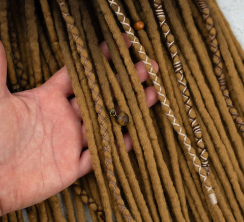 Old gold ombre wool dreadlocks with coffee brown roots