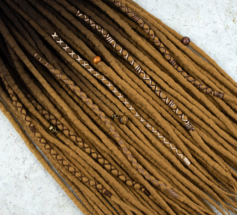 Old gold ombre wool dreadlocks with coffee brown roots