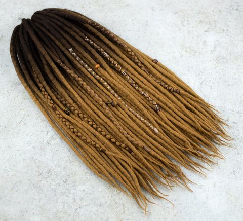 Old gold ombre wool dreadlocks with coffee brown roots