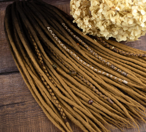 Old gold ombre wool dreadlocks with coffee brown roots