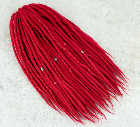 Poppy red wool dreadlock extensions