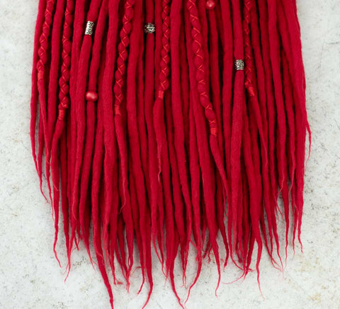 Poppy red wool dreadlock extensions