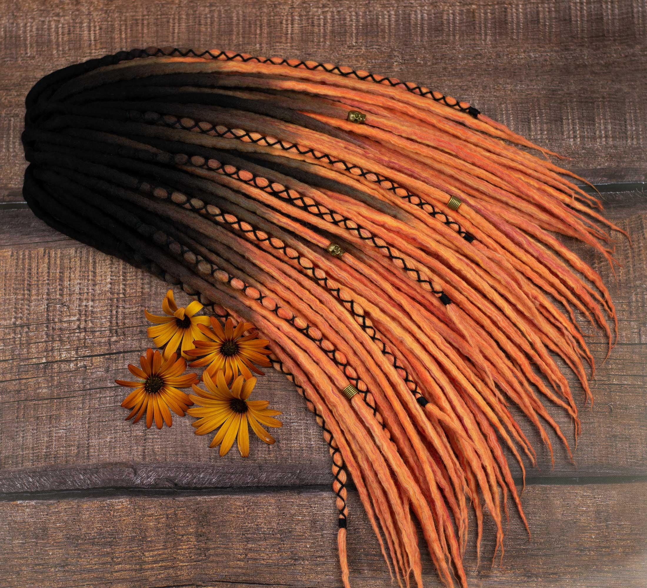 black and blended orange ombre wool dread set with flowers