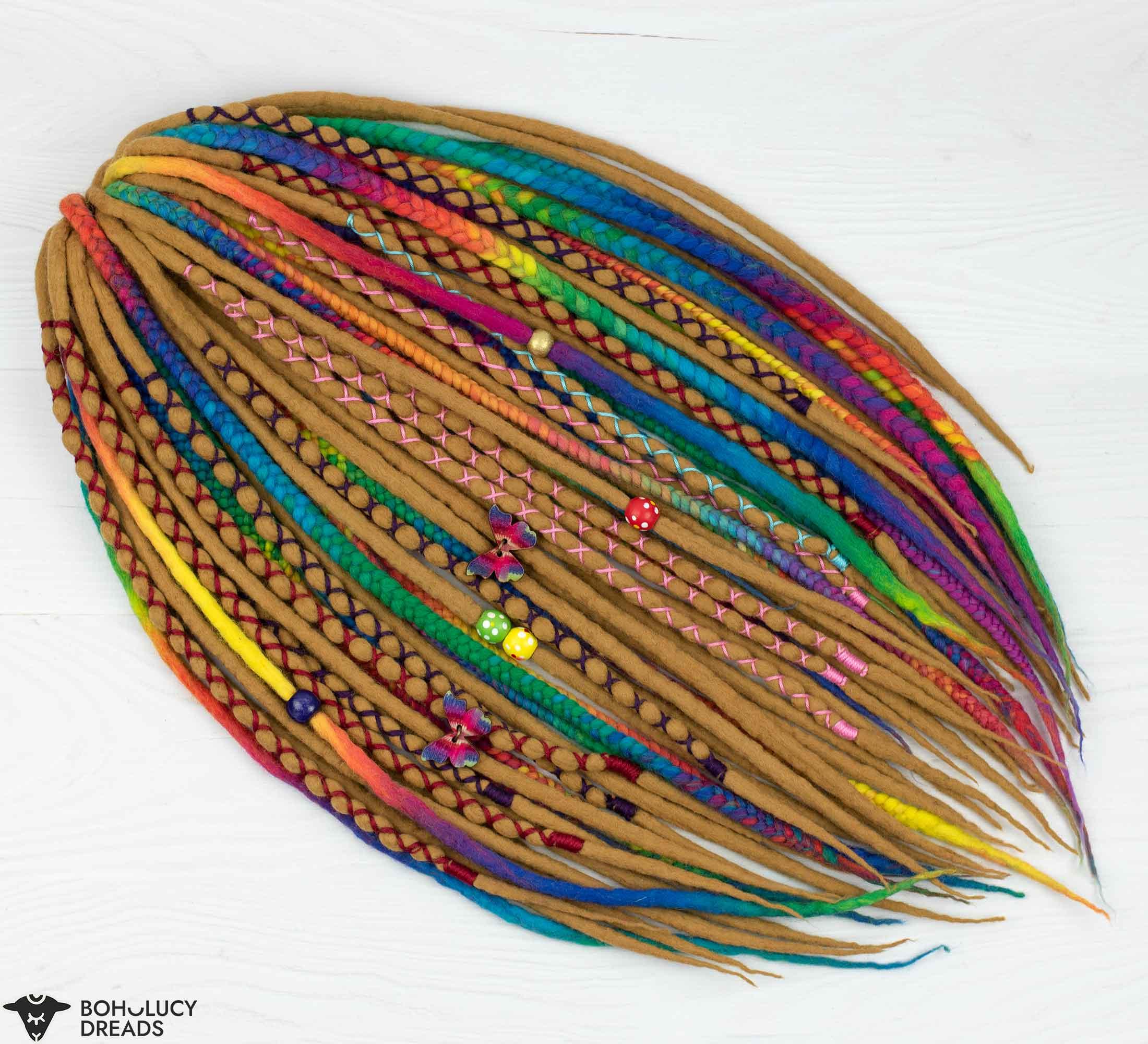 Rainbow copper one-of-a-kind wool dreads and braids