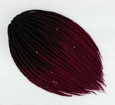 Wine ombre wool dreadlocks with coffee brown roots
