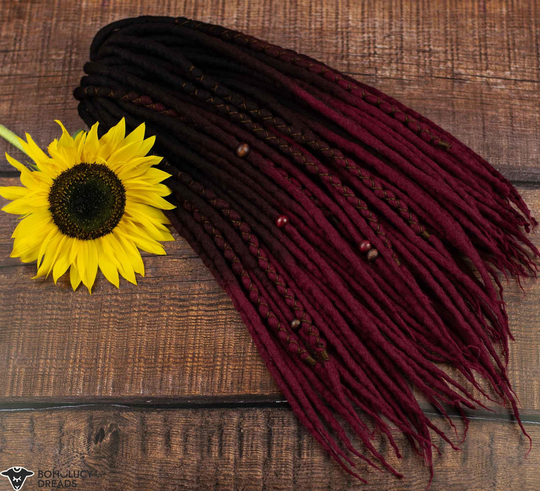 Wine ombre wool dreadlocks with coffee brown roots