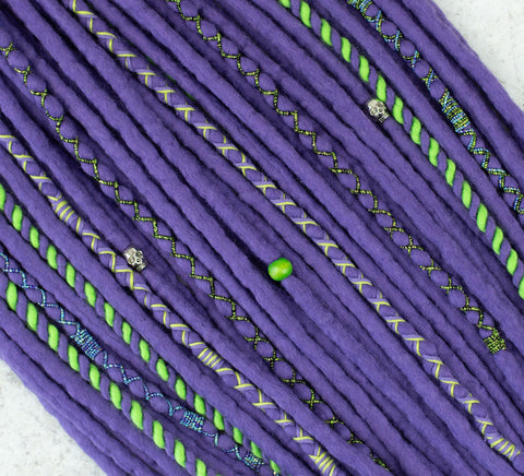 Wisteria twist purple wool dreads with eyecatching decoration